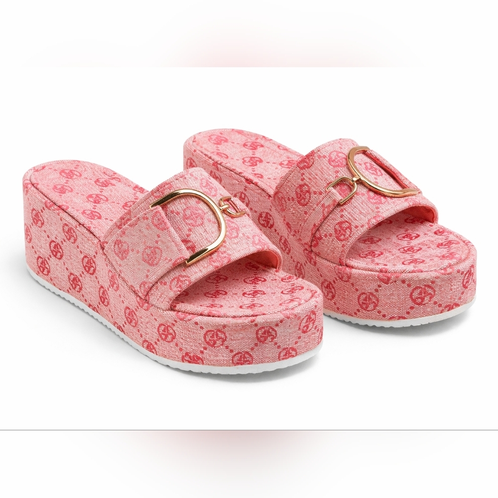 Pink Platform Slide Sandals with Gold Buckle